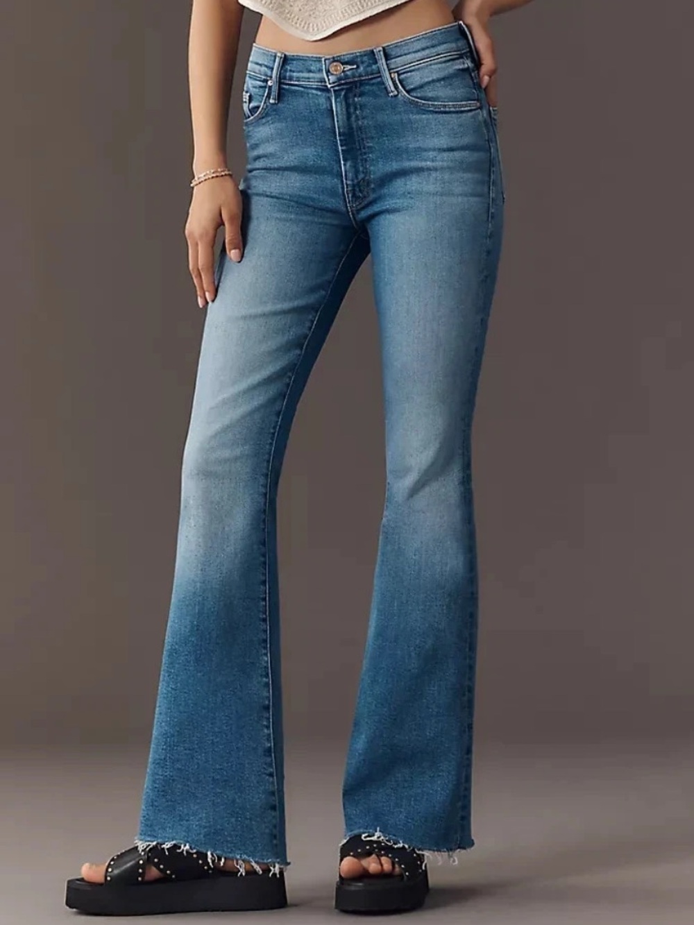 Mother The Weekender Fray Jeans Mid Rise Flared Womens Size 28 Blue Stretch